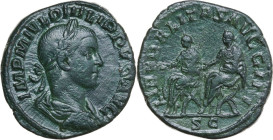 Philip II (247-249). AE Sestertius, 246-249. Obv. IMP M IVL PHILIPPVS AVG. Laureate, draped and cuirassed bust right. Rev. LIBERALITAS AVGG III SC. Ph...
