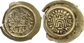 Lombards, Pseudo-Imperial Coinage. AV Tremissis in the name of Byzantine Emperor, Tuscany. Obv. Diademed, draped, and cuirassed bust right; around, bl...