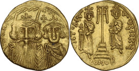 Constans II (641-668). AV Solidus, Syracuse mint. Obv. Fragmentary legend: dN CONSTA-NTI. Facing busts of Constans, with long beard, wearing plumed he...