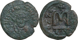 Constans II (641-668). AE Follis, Ravenna mint. Dated RY 4 (644/5). Obv. Crowned facing bust, wearing chlamys, holding globus cruciger. Rev. Large M b...