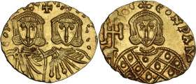 Constantine V Copronymus with Leo IV (741-775). AV Solidus, Syracuse mint. Obv. CONTAN LЄO. Facing busts of Constantine V and Leo IV, each wearing cro...