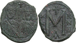 Leo V the Armenian, with Constantine (813-820). AE Follis. Constantinople mint. Obv. Anepigraphic. Crowned facing busts of Leo and Constantine, each w...