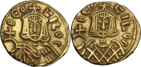 Theophilus (829-842). AV Semissis, Syracuse mint. Obv. ΘЄOFILOS. Bust facing, wearing crown and chlamys; holding globus cruciger. Rev. ΘЄOFILOS. Bust ...