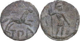 The Roman Empire. PB Tessera. D/ TPA. Horse galloping right. R/ Soldier standing right with shield and spear. PB. 2.98 g. 19.50 mm.