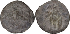 The Roman Empire. PB Tessera. D/ M (?) HS. R/ Figure standing left, leaning on column. PB. 4.66 g. 20.00 mm.