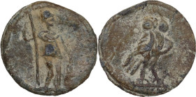 The Roman Empire. PB Tessera. D/ Soldier standing right, holding spear and leaning on shield. R/ Owl standing right. PB. 3.12 g. 18.50 mm.