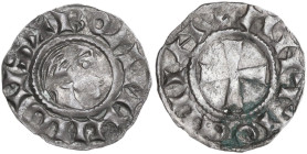 Antioch. Bohemond III, Minority (1149-1163), regencies of Constance and Renaud de Chatillon. BI Denier. Obv. Bare head right. Rev. Patent cross. Mallo...