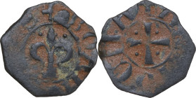 Antioch. Bohemond IV and Bohemond V (1215-1250), second reign. AE Pougeoise. Obv. Fleur de lis flanked by two pellets. Rev. Patent cross; in each quar...