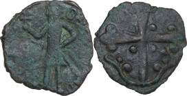 Edessa. Baldwin II, second reign (1108-1118). AE Follis. Obv. Count walking left holding cross in right and sword in left hand. Rev. Floral cross with...