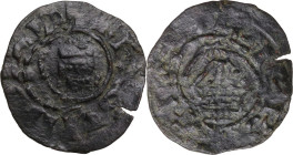 Jerusalem. Guy of Lusignan (1186-1190). AE Fractional Denier. Obv. Bust facing wearing crown. Rev. Church of the Holy Sepulchre with triangular dome. ...