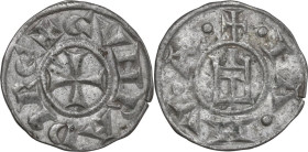 Genova. Repubblica (1139-1339). Denaro. CNI 1/69; MIR (Piem. Sard. Lig. Cors.) 16. MI. 0.70 g. 15.00 mm. NC. Spinetta nel primo quadrante. BB+.