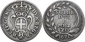 Genova. Dogi Biennali (1528-1797), III fase (1637-1797). Da 2,5 soldi 1671. CNI 22/23; MIR (Piem. Sard. Lig. Cors.) 343. AG. 0.63 g. 14.00 mm. Bel BB.