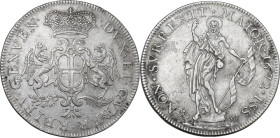 Genova. Dogi Biennali (1528-1797), III fase (1637-1797). Da 4 lire 1672, sigle ISS. CNI 11; MIR (Piem. Sard. Lig. Cors.) 311/2. AG. 20.85 g. 38.00 mm....