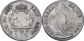 Genova. Dogi Biennali (1528-1797), III fase (1637-1797). Da 2 lire 1794. CNI 7; MIR (Piem. Sard. Lig. Cors.) 317/2. AG. 8.10 g. 29.00 mm. R. qBB.