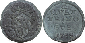 Gubbio. Clemente XII (1730-1740), Lorenzo Corsini. Quattrino 1739. Cf. CNI 73/78; M. -; Berm. 2699. AE. 2.37 g. 20.00 mm. RR. Rarissimo. Apparentement...