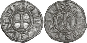 Messina. Enrico VI di Svevia (1191-1196) con la moglie Costanza d'Altavilla. Denaro 1194-1196. Sp. 27; Travaini 1993 4; D'Andrea 37. BI. 0.70 g. 16.50...