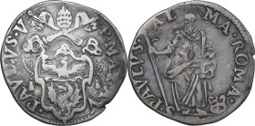 Roma. Paolo V (1605-1621) Camillo Borghese. Testone A. V. CNI 206/233; M. 28; Berm. 1553. AG. 9.25 g. 29.50 mm. Patina riposata. qBB/BB.
