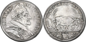 Roma. Alessandro VIII (1689-1691), Pietro Ottoboni. Testone A. I. CNI 27; M. 16; Berm. 2176. AG. 9.02 g. 31.50 mm. Debolezze da conio. Segnetto e colp...