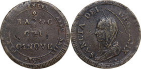 Roma. Pio VI (1775-1799), Giovanni Angelo Braschi. Madonnina da 5 Baiocchi 1797. CNI 363; M. 94; Berm. 2987. AE. 16.05 g. 33.00 mm. Segni. qBB/MB.