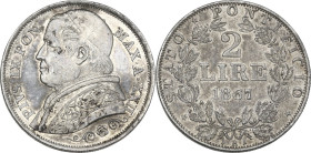 Roma. Pio IX (1846-1878), Giovanni Mastai Ferretti. 2 lire 1867 A. XXII. Pag. (decimali) 558; MIR (Stato Pontificio IIII) 3167/5. AG. 9.97 g. 28.00 mm...