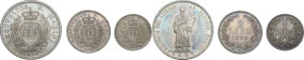 San Marino. Insieme dei tre (3) valori 1898: 5 lire, 2 lire, lira. In astuccio di emissione della zecca. AG. Il 5 lire e la lira sono in alta conserva...