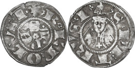 Sulmona. Carlo III di Durazzo (1382-1385). Bolognino. D/ Le lettere S M P E (Sulmo mihi patria est) disposte a croce attorno a rosetta. R/ Busto front...