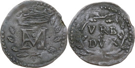 Urbino. Francesco Maria II della Rovere (1574-1624). Mezzo sesino. CNI tav. XXXI, 25; Cav. 237. MI. 0.48 g. 16.50 mm. Colpo al ciglio. Bel BB.
