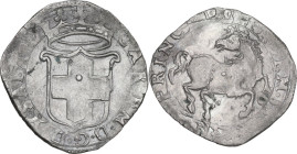 Carlo Emanuele I (1580-1630). Cavallotto di I tipo, data illeggibile 15**. MIR (Savoia) 656; Simonetti 64; Biaggi 552. MI. 2.72 g. 21.50 mm. BB+.