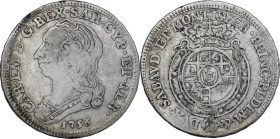 Carlo Emanuele III (1730-1773). Quarto di scudo 1756. MIR (Savoia) 948a; Simonetti 35; Biaggi 813a. AG. 8.50 g. 30.00 mm. qBB.