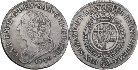 Carlo Emanuele III (1755-1773). Secondo periodo. Mezzo scudo nuovo 1770, Torino. MIR (Savoia) 947p; Biaggi 812q. AG. 17.41 g. 36.50 mm. RR. qBB/BB.