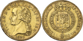 Vittorio Emanuele I (1802-1821). 20 lire 1820 Torino. Pag. (decimali) 8; MIR (Savoia) 1028e. AU. 6.40 g. 21.00 mm. R. Segni. qBB.