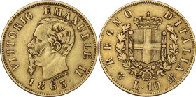 Vittorio Emanuele II (1861-1878). 10 lire 1863 Torino. Pag. (decimali) 477; MIR (Savoia) 1079b. AU. 3.21 g. 18.50 mm. qBB.