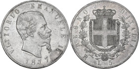 Vittorio Emanuele II (1861-1878). 5 lire 1877 Roma. Pag. (decimali) 502; MIR (Savoia) 1082z. AG. 24.96 g. 37.00 mm. BB/BB+.