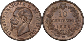 Vittorio Emanuele II (1861-1878). 10 centesimi 1866 OM, Strasburgo. Pag. (decimali) 546; MIR (Savoia) 1092h. CU. 10.04 g. 30.00 mm. NC. Salto di metal...