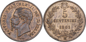 Vittorio Emanuele II (1861-1878). 5 centesimi 1861 Milano. Pag. (decimali) 552; Mont. 246. CU. 5.00 g. 24.50 mm. qFDC.