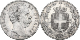 Umberto I (1878-1900). 5 lire 1879. Pag. (decimali) 590; MIR (Savoia) 1100a. AR. 24.92 g. 37.00 mm. Segnetti da contatto. BB.