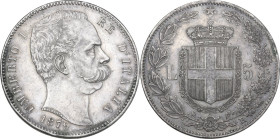 Umberto I (1878-1900). 5 lire 1879. Pag. (decimali) 590; MIR (Savoia) 1100a. AR. 24.94 g. 37.00 mm. Minimi colpetti al ciglio. Piacevole patina su fon...