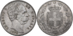 Umberto I (1878-1900). 5 lire 1879. Pag. (decimali) 590; MIR (Savoia) 1100a. AR. 24.96 g. 36.40 mm. Minimi colpetti al ciglio. Bel BB.