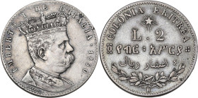 Colonia Eritrea. Umberto I (1878-1900). 2 lire 1890 Roma. Pag. (decimali) 632; MIR (Savoia) 1111a. AG. 9.98 g. 26.00 mm. qBB/BB.