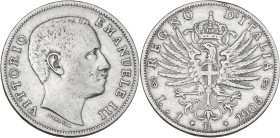 Vittorio Emanuele III (1900-1943). Lira 1905. Pag. (decimali) 765; MIR (Savoia) 1145c. AG. 4.90 g. 23.00 mm. RR. MB+/qBB.