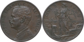 Regno di Italia. Vittorio Emanuele III (1900-1943). 5 centesimi 1909. Pag. (decimali) 893; MIR (Savoia) 1163b. AE. 4.96 g. 25.00 mm. NC. BB.