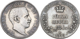 Somalia Italiana. Vittorio Emanuele III (1909-1925). Mezza Rupia 1919. Pag. (decimali) 970; MIR (Savoia) 1176e. AG. 5.81 g. 24.00 mm. R. qBB/BB.