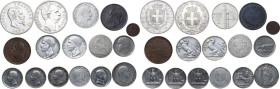Lotto di sedici (16) monete: Vittorio Amedeo 20 soldi 1796; Vittorio Emanuele II 5 lire 1873 Milano, lira 1863 Milano, 10 centesimi 1866 Torino, 10 ce...