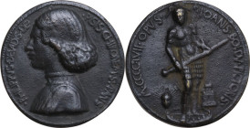 Filippo de Vadis (1425-1501). Medaglia 1457. D/ PHILIPPVS DEVADIS DE PISIS CHIRONEM SVPANS. Busto a sinistra con folta capigliatura. R/ M CCCC LVII OP...
