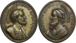 Medaglia devozionale ovale con i SS. Pietro e Paolo, XVIII sec. AE. 46 x 41 mm. qSPL.