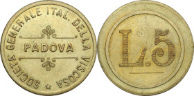 Padova. Gettone da Lire 5, Società Generale Italiana della Viscosa, c. 1920. AE. 10.58 g. 36.00 mm. BB+.