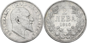 Bulgaria. Ferdinand I (1908-1918). 2 leva 1910. KM 29. AR. 9.95 g. 27.00 mm. XF/AU.