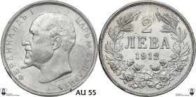 Bulgaria. Ferdinand I (1908-1918). 2 leva 1912. KM 32. AR. 10.06 g. 27.00 mm. Encapsulated by Classical Coin Grading AU 55 Nicks on edge.