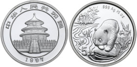 China. AR 5 Yuan 1997, Panda. AR. 15.55 g. 33.00 mm. MS.