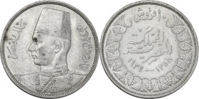 Egypt. Farouk (1936-1952). 10 piastre 1939. KM 367. AG. 14.03 g. 33.50 mm. Nicks on obverse. Good VF/EF.